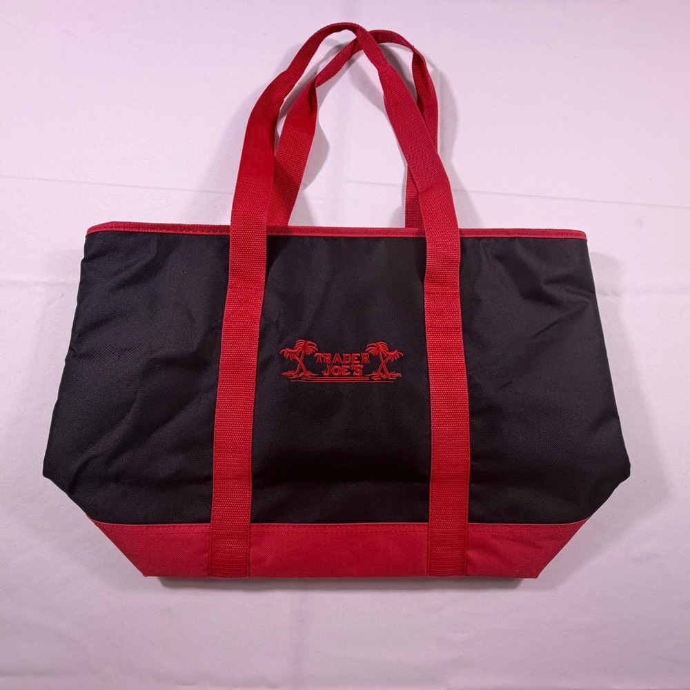 Trader Joe's Insulated Cooler Bag BlackRed Embroidered Palm Tree Logo Large Tote